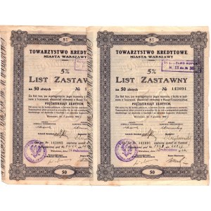 Towarzystwo Kredytowe Miasta Warszawy - 5 % List Zastawny na 50 złotych 1926 - zestaw 2 sztuk