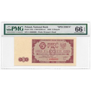 5 złotych 1948 - A 000000 - WZÓR - RZADKOŚĆ - PMG 66 EPQ