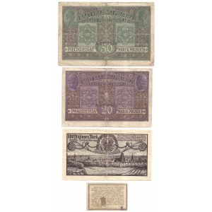 Zestaw 4 banknotów - 20 marek jenerał 1916, 50 marek jenerał 1916, 500 milionów marek 1923 Gdańsk, 10 groszy 1924
