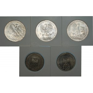 Zestaw 5 srebrnych monet - 2 x 200 złotych 1974 + 3 x 50 000 złotych 1988