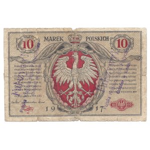Falsyfikat - 10 marek polskich 1916 - wyłapany - ostemplowany przez PKKP Łódź