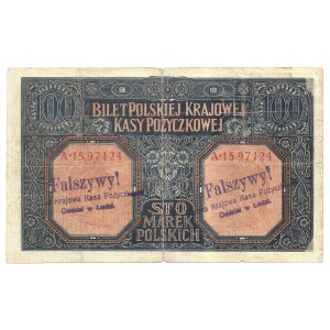 Falsyfikat - 100 marek polskich 1916 - wyłapany - ostemplowany przez PKKP Łódź