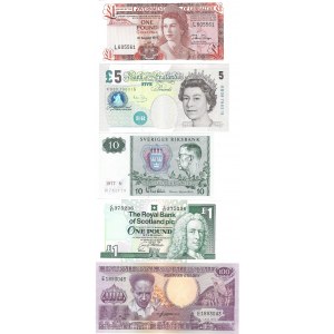 Zestaw banknotów świata - zestaw 5 sztuk - Gibraltar, Wielka Brytania, Szkocja, Szwecja,Surinam