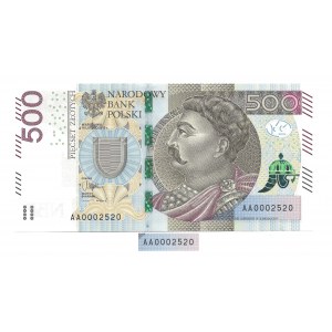 500 złotych 2016 - Jan III Sobieski - seria AA niski numer seryjny 0002520