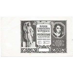 Czarnodruk awersu 50 złotych 1940 - bez serii oraz numeracji ze znakiem wodnym
