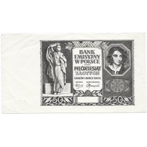Czarnodruk awersu 50 złotych 1940 - bez serii oraz numeracji bez znaku wodnego