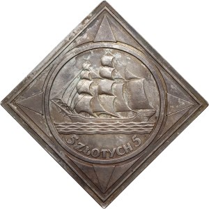 II RP, 5 złotych 1936, Warszawa, Żaglowiec, PRÓBA, klipa, stempel lustrzany