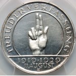 Niemcy, Republika Weimarska, 3 marki 1929 E, Muldenhütten, 10-lecie Konstytucji, stempel lustrzany, PROOF