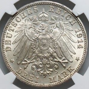 Germany, Wurttemberg, Wilhelm II, 3 Mark 1914 F, Stuttgart