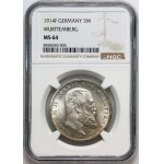Germany, Wurttemberg, Wilhelm II, 3 Mark 1914 F, Stuttgart