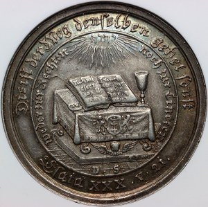 August II Mocny, Gdańsk, medal z 1730 roku (chronogram), 200-lecie Wyznania Augsburskiego