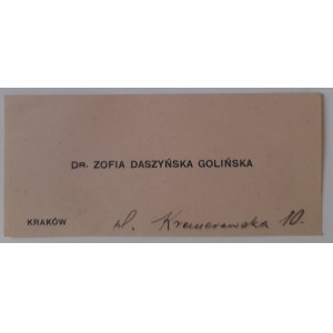 Cracovie. Carte de visite du Dr Zofia Daszyńska Golińska