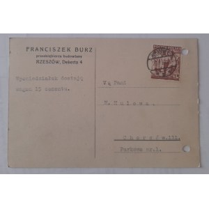 Rzeszów. Carte de visite de Franciszek Burza, entrepreneur en bâtiment à Rzeszów, 4, rue Dekerta.