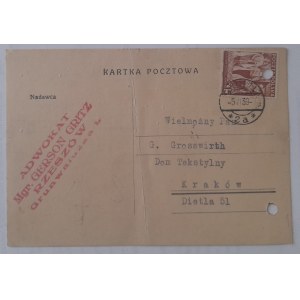 Rzeszów. Business card with the seal of Attorney Gerson Gritz, M.A., Rzeszów, Grunwaldzka Street.