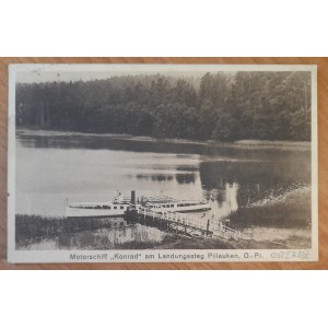 Pilawki. Pillauken. bei Ostróda (Das Motorschiff „Konrad“ im Hafen.)