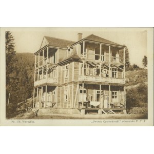 14 HUCUL REGION - Vorokhta, “Czarnohorski Manor,” P.T.T. Shelter No. 170, Photo by L. and M. Heller, Published by Aba Heller, Bookstore in Nadwórna, sepia print, 1928,