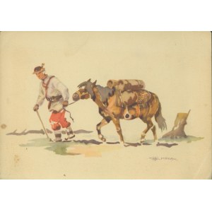 15 HUCUL REGION - Hutsuls on the Road, [Hutsul with a Horse], 3167. Painting by Karol Kossak, Published by Książnica Atlas, Lviv 1939, color print,