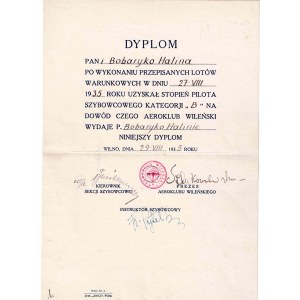 Diplomas and certificate of Vilnius and Lviv Aero Clubs to Halina Bobaryko, 1935