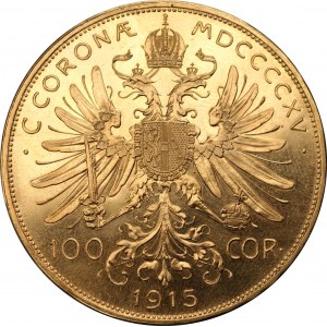 AUSTRIA - 100 koron 1915 - Nowe Bicie - Złoto 900, 33,86 gram