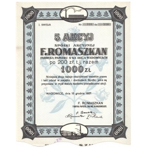 F. Romaszkan Fabryka Papieru Spółka Akcyjna w Wadowicach - Em.1, - 5 x 200 złotych 1927