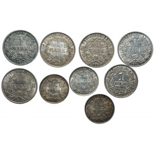 NIEMCY - zestaw 9 srebrnych monet, 1 marka, 1/2 marki, 1 reichsmark (1875-1925)