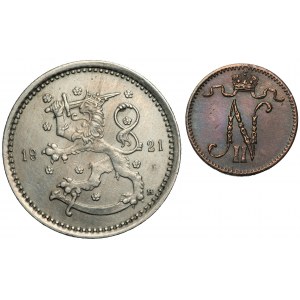 FINLANDIA - zestaw 1 markka 1921, 1 penni 1907