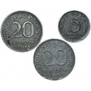 Królestwo Polskie - zestaw 3 monet 5 i 20 fenigów 1917