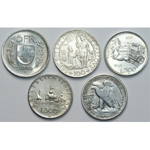 ŚWIAT - zestaw 5 srebrnych monet - Szwajcaria, Czechosłowacja, Włochy, USA