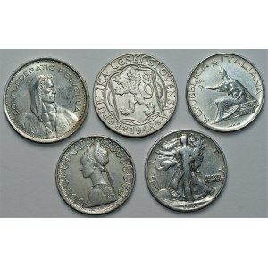 ŚWIAT - zestaw 5 srebrnych monet - Szwajcaria, Czechosłowacja, Włochy, USA