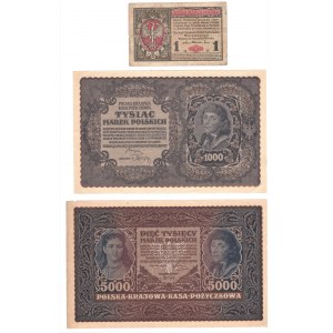 Zestaw 3 banknotów 1 marka 1916, 1.000 marek 1919, 5.000 marek 1920
