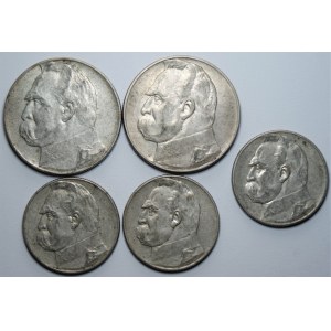 II RP - 8 monet - Piłsudski 3 x 5 złotych (1934-1936) + 2 x 10 złotych 1935 oraz 2 x 2 złote 1936 Żaglowiec + 2 złote 1933 Polonia
