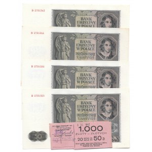 Zestaw 4 banknotów wraz z banderolą 50 złotych 1941