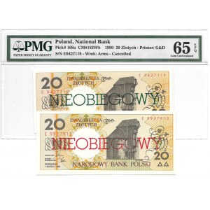 20 złotych 1990 - E - PMG 65 EPQ - ciemnozielony nadruk NIEOBIEGOWY - BARDZO RZADKI