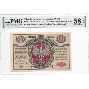 10 marek 1916 - Generał biletów - rzadki numerator Berlin III - banknot ILUSTROWANY w katalogu Miłczaka - PMG 58 EPQ