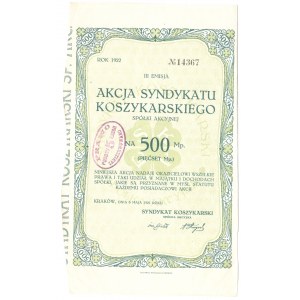 Akcja Syndykatu Koszykarskiego Spółki Akcyjnej - 500 Mp. 1922 - III Emisja
