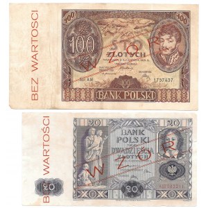 20 złotych 1936 i 100 złotych 1932 - fałszywy nadruk WZÓR / BEZ WARTOŚCI