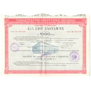 Towarzystwo Kredytowe Ziemskie w Warszawie - 4,5% list zastawny serii 5-tej na 1000 złotych 1939
