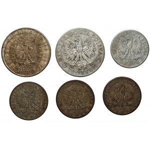 II RP - 5 zlotych 1936 Piłsudski + 2 i 5 złotych (1932-1934) Głowa Kobiety - zestaw 6 sztuk monet