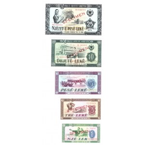 ALBANIA - zestaw 5 banknotów SPECIMEN - 1,3,5,10, 25 leke 1976