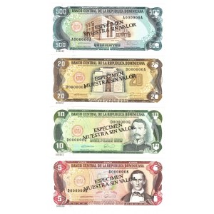 DOMINIKANA - Especimen Muestra Sin Valor - zestaw 4 banknotów 5,10,25,500 psoso oro
