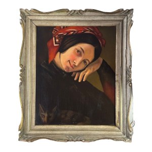 ANONIMO, Portrait of a woman with a headdress and a kitten