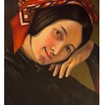 ANONIMO, Portrait of a woman with a headdress and a kitten