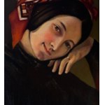 ANONIMO, Portrait of a woman with a headdress and a kitten