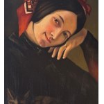 ANONIMO, Portrait of a woman with a headdress and a kitten