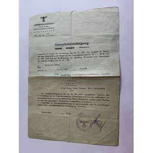 POVOLENÍ K PODNIKÁNÍ RZESZÓW REICHSHOF, NOBLE 1943, RAZÍTKO, GG
