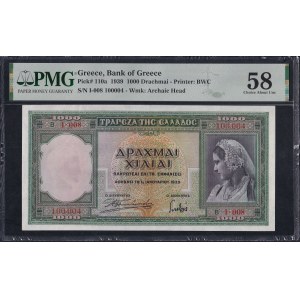 Greece, 1000 Drachmai, 1939, Choice About UNC 58