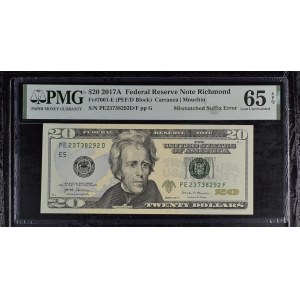 USA, 20 Dollars, 2017, Gem UNC 65 EPQ, ERROR