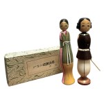 Pair of kokeshi in original box from the "History of Clothing" series, Heian era clothing