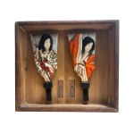 Mini hagoita set in a display case - kabuki actors, 1950s