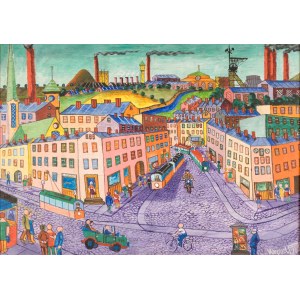 Pawel WRÓBEL (1913-1984), City landscape with a mine in the background, 1982